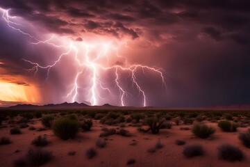 A powerful lightning storm over a desert landscape with a vivid sunset, AI Generated