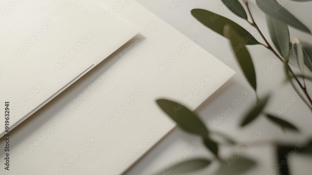 Leinwandbilder a minimalist workspace features blank notebooks partially opened, with green leaves adding a fresh t