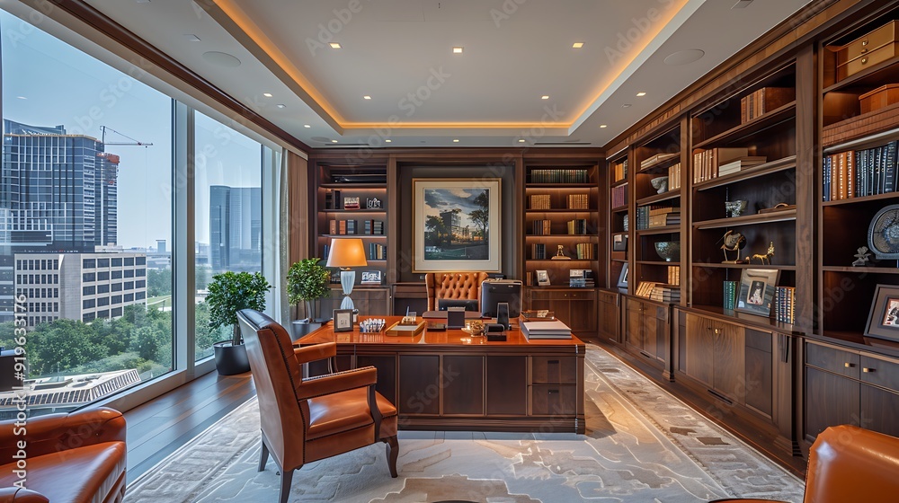 Sticker An executive office with high-end furniture, a polished mahogany desk, leather executive chair, sophisticated decor including framed artwork and bookshelves, large windows providing cityscape views,