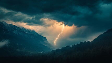 Lightning flashes during a thunderstorm over mountains and forest. Relevant to weather phenomena and cataclysms like hurricanes, typhoons, tornadoes, and storms.