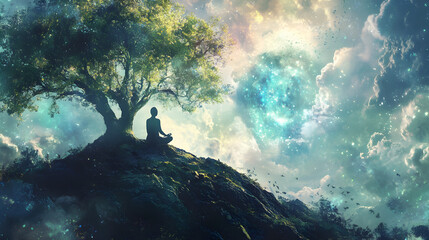 A scene of a person meditating in a natural setting, with positive energy flowing from the earth and sky into their body.


