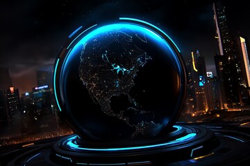 Futuristic globe glowing with blue lights in a modern cityscape at night, representing global connectivity and advanced technology.