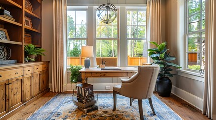 Fototapeta premium An inviting home office with a plush armchair, a sleek wooden desk, personal decor such as books and plants, large windows bringing in natural light, and a cozy, comfortable feel, hd quality,