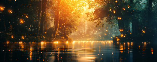 Enchanting Forest Lake with Fireflies.