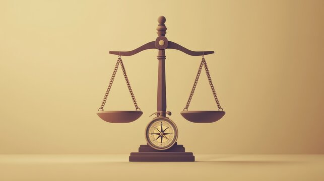 Justice scales with a compass, guiding moral decisions, flat design illustration, 3d style