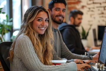 Colleagues at desk discussing project, Generative AI