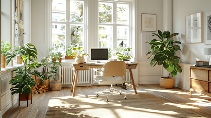 A bright Scandinavian style office with light wood furniture, white walls, and minimalist decor, featuring large windows letting in natural light, a sleek desk, ergonomic chair,