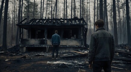 landscape of boys front of a abandoned building in the forest