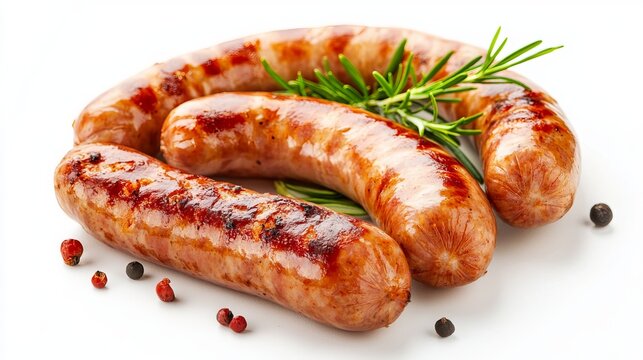 Cooked sausages on a white background.