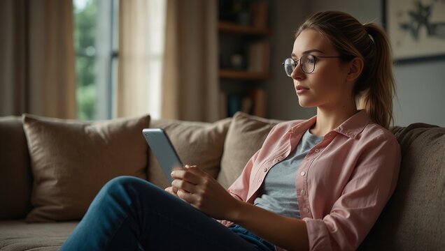 Thinking, woman and phone notification on sofa for entertainment, communication or internet browsing in home. Female person, thoughtful or concerned with laptop on couch for streaming or social media