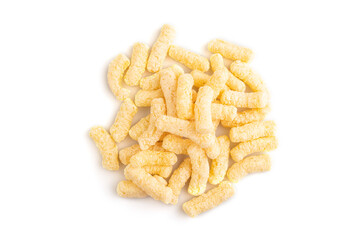 Corn flakes sticks with caramel isolated on white, top view, close up.