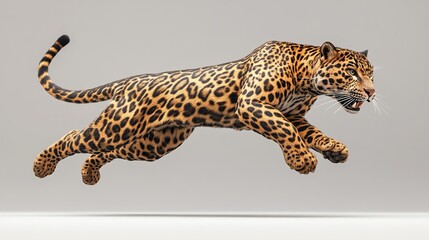 A majestic jaguar leaps through the air with a powerful, athletic stance, its spotted coat and sharp teeth clearly visible.