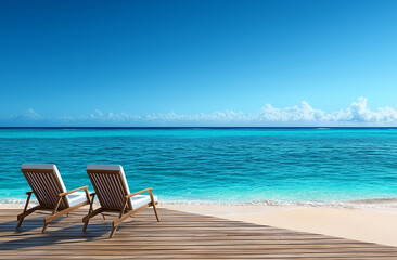 Fototapeta premium Beach chairs on the white sand beach in the tropics