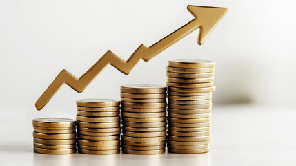 Increasing Stacks of Gold Coins with Up Arrow Representing Financial Growth on Transparent Background