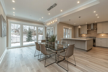 A modern dining room featuring a sleek glass dining