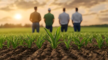 Metadata: Four men standing together in a green grass field, symbolizing growth and teamwork