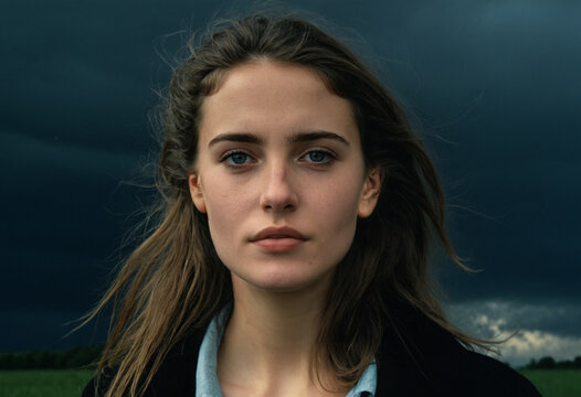stormy weather, young adult french caucasian woman outside portrait face close-up, thoughtful or sad or emotionless facial expression, age 30-40