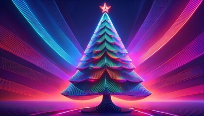 Retro-Futuristic Christmas Tree- Christmas tree in an abstract, vintage-futuristic holiday background. Graphic art illustration scene