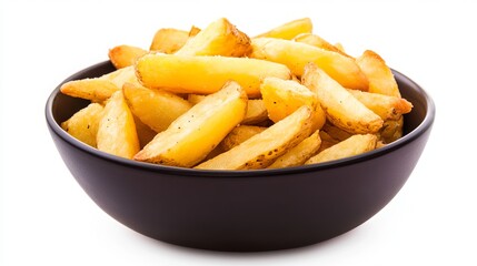 Bowl of golden fried potatoes against a white backdrop. 
