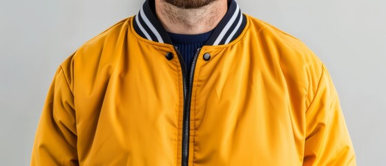  A man in a yellow jacket with a blue stripe down the middle and a black-and-white stripe on the chest