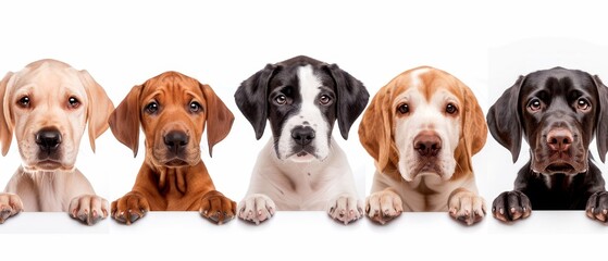  A group of dogs seated next to one another against a white backdrop; one dog gazes at the camera