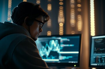 Software developer writing code working on desktop computer in office at night