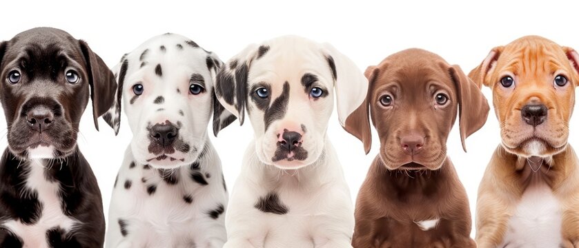  Group of pupples seated beside one another, gazing at camera against pristine white backdrop