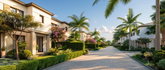 Fototapeta premium A driveway flanked by trees and bushes borders white structures, each with windows and balconies adjacent to the walkway
