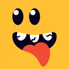 Fototapeta premium Cute monster face head banner Happy Halloween card for kids. Spooky Smiling Boo screaming sad face emotion. Baby Eyes, teeth, mouse and tongue. Flat Vector illustration isolated on yellow background