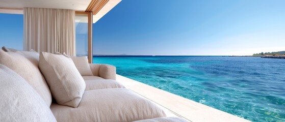  A white couch atop a wooden floor, alongside a vast body of water, offers an ocean view