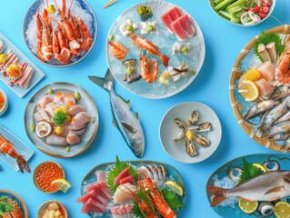 An assortment of delicious sushi and sashimi dishes presented on a blue background. Colorful plates with fresh ingredients, including fish, seafood, and shellfish.