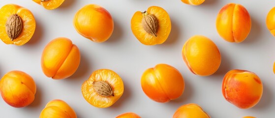 Fototapeta premium A collection of apricots arranged together on a white surface One complete apricot, the other halved