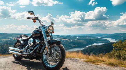 Obraz premium Visualize a sleek cruiser motorcycle parked at a scenic overlook, with expansive views of rolling hills