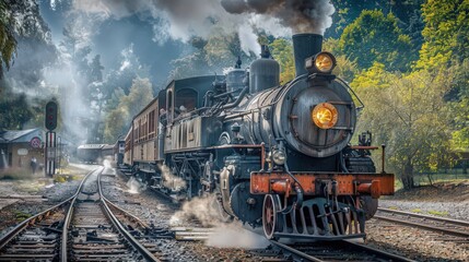 Obraz premium Visualize a steam locomotive at a heritage railway, surrounded by enthusiasts and beautifully restored trains