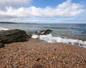 Torcross, Devon, UK - May 17 2023: Beach and sea at Torcross, Slapton Sands