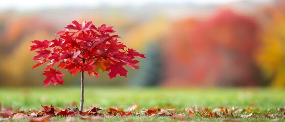 Fototapeta premium A tiny red tree stands solo in a field, its leaves scattering around, background softly blurred