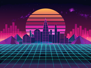 Futuristic city landscape. Retro 80s grid background with skyscrapers. 1980s neon game wireframe wallpaper. Sunset city backdrop with building silhouettes. Vector illustration
