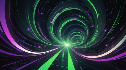 3D Render of Futuristic Neon Background with Twisting Helix of Neon Green and Violet Lines in a Dark, Misty Digital Landscape, Evoking a Mysterious High-Tech Matrix