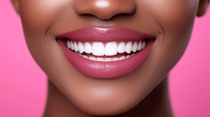 Obraz premium Close-up of a woman's smile, showcasing perfect white teeth and pink lips.
