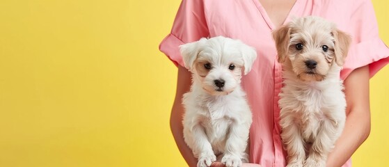  Woman in pink holds two white puppies against yellow-yellow backdrop