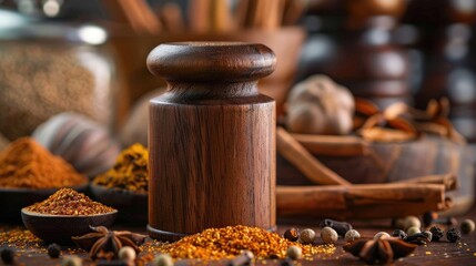 A wooden spice grinder sits amongst an assortment of spices, including cinnamon sticks, cloves, peppercorns, and chili powder.