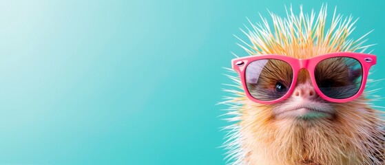  A porcupine donning pink sunglasses atop its head against a backdrop of blue and green