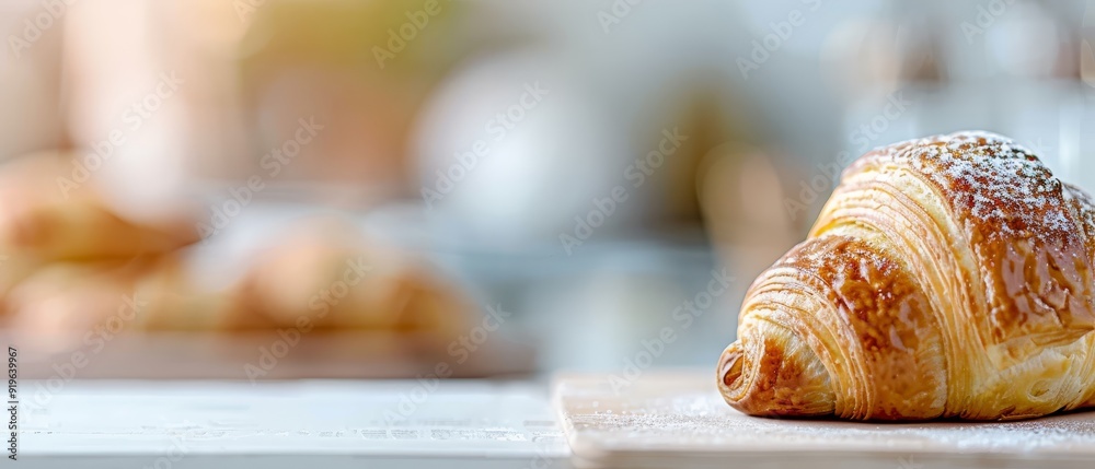 Wall mural a croissant atop a sheet of paper, dusted with powdered sugar