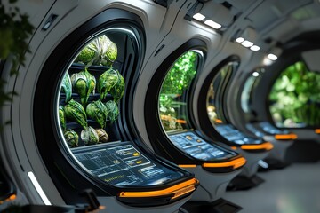Futuristic hydroponic garden with advanced technology growing fresh vegetables in a high-tech environment.