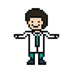 Cute pixel cartoon 8bit character man doctor or scientist game care for decoration pharmacist male doctor in hospital 8 bit male pixel art png vector.
