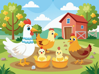 Farm bird. Cartoon different domestic poultry walking on yard. Cute chicken, rooster, nice ducks, turkeys, gooses with brood, eggs in nest. Family fowl. Mother and kids. Vector set
