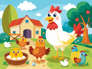 Farm bird. Cartoon different domestic poultry walking on yard. Cute chicken, rooster, nice ducks, turkeys, gooses with brood, eggs in nest. Family fowl. Mother and kids. Vector set
