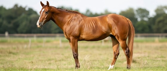  A brown horse stands in a lush green field, surrounded by trees against a sunny backdrop