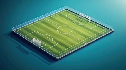 Digitally rendered soccer field with prominent white lines demarcating the playing area, penalty boxes, center circle, and goals on a minimalistic blue background.