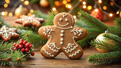 Gingerbread man cookies with Christmas decorations on wooden table